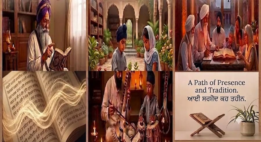 Gurbani teaching — reading Gurmukhi, santhia, community, kirtan and raag, and daily practice